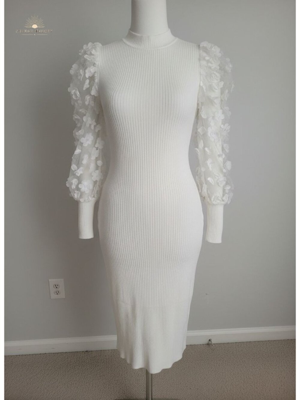 Women's Sheer Mesh Floral Bodycon Midi Dress Long Sleeve Mock Neck